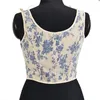 Women's Tanks French Straps Court Corset Vintage Large Orchid Print Lace Bandages Overlay Vest Tops