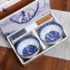 Dinnerware Sets Ceramic Soup Bowls Tableware Set Retro Blue And White Porcelain Rice Bowl Chopsticks Gifts Box