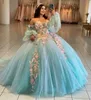 Glitter Sweetheart Floral Quinceanera Sukienki z długimi rękawami Back Bow Różowe kwiaty 3D Aplikacje Princess Prom Party Ball suknia Słodka 15 16 Sukienka dla dziewcząt