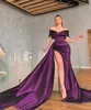 セクシーな紫色の人魚のウエディングドレスは、女性のために長い肩のドレーププリーツハイサイドスプリットフォーマルウェアイブニングパーティーバースデーページェントセカンドレセプションガウン