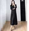 Casual klänningar som säljer Miyake Fold Dress of Solid Turndown Collar Button Three Quarter A-Line In Stock