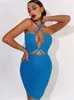 Sukienki swobodne WJFZQM Kobiety Summer Sexy Hanter Hollow Out Ruched Backless Short Dress Club Blue Mini 2023