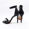 Fashion 5856 Women Sandals Pumps Black Maleather Crystal Strappy Ankle High Heels Shoes Stiletto 10Cm