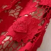 2023 Summer Red Floral Lace Belted Dress Short Sleeve Round Neck Midi Casual Dresses S3Q160713