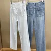 Calças femininas primavera e verão jeans perna reta decoração corrente com miçangas cintura alta solta fina perna larga