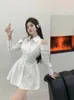 Casual Dresses 2023 Spring White Slim Shirt Dress Long Sleeve High midje Korean Fashion Chic Sexy Off The Shoulder Women Mini