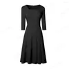 Casual Dresses Spring Women Elegant Solid Color with Square Collar Vintage Fit and Flare Party Swing Dress EA318