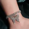 Anklets New Fashion Bling Crystal Butterfly Cupan Chain Anklet for Women Iced Out Rhinestone Link Bracelet Hip Hop Jewelry 230607