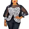 Conjunto de roupas étnicas manga de bolha de malha de duas peças moda painel estampado grandes vestidos africanos elásticos para mulheres