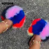 Terlik Yeni Varış Kadın Kürk Terlik Kabarık Kürk Kürk Slaytlar Lüks Fox Fur Flip Flops Kız Düz Rahat Sandalet Yaz Açık Mekan Ayakkabıları L230717