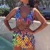 Women's Two Piece Pants Y2K Sexy Fashion Sparkly Hollow Out Sequins 2 Piece Night Clubwear Party Festival Womens Crop Top Outfits Rave Bikini Skirt Sets J230717