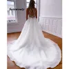 Een Lijn Witte Organza Trouwjurken Eenvoudige Heyhole Hoge Hals Kristallen Bruidsjurken robe de mariage met Zakken