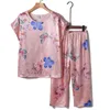 Women's Sleepwear 2PCS Pajamas Set Summer Ladies Silky Satin Pijamas De Mujer Floral Printing Novelty Clothing