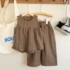 Kläderuppsättningar 5514C Children's Striped Summer Girl's Suit S Wood Ear Vest Wide Ben Pants Girl's Two-Piece Suit 230717