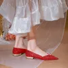 Dress Shoes Flat Wedding Pregnant Women Confortable Safe Bride Flats Red Pear Bowknot Glass Slipper Low Heel Chinese Style