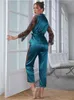 Women's Sleep Lounge Women's Satin Pyjamas Set Gorgeous Sleeve Top med Pant Contrast Lace Lounge Wear Hollow Out 2st Sleepwear