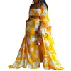 Women's Two Piece Pants Yellow 3 Piece Set Woman Outfits Fashion Printed Wide-leg Pants And Cardigan Cloak Robe Three-piece Suit Party Lady Matching Set J230717