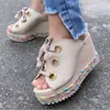 Slippers Comemore Summer 2023 Platform Wedge High Heels Lace Up Open Toe Fashion Slipper Beach Outdoor Ladies Slides Shoes Women Slippers L230717