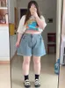 Shorts pour femmes Y2K été femmes Vintage coréen bleu taille haute genou longueur jambe large Baggy pantalon court grande taille surdimensionné Denim Shorts vêtements 230715