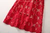 2023 Summer Red Floral Lace Belted Dress Short Sleeve Round Neck Midi Casual Dresses S3Q160713