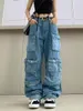 Women's Jeans Vintage Cargo Pants Baggy Womens 90s Y2k Europe and America Fashion 2023 Girl Multi Pocket Blue Broad Leg