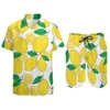 Men's Tracksuits Lemon Print Men Sets Green Leaves Casual Shorts Vacation Shirt Set Summer Novelty Custom Suit Short Sleeve Oversized