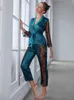 Women's Sleep Lounge Women's Satin Pyjamas Set Gorgeous Sleeve Top med Pant Contrast Lace Lounge Wear Hollow Out 2st Sleepwear