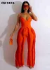 Kvinnors tvådelade byxor CM.Yaya Street Women's Set Strapless Plunging V-Neck Top and Tassel Straight Pants Suit 2023 Two 2 Piece Set Outfits Tracksuit J230717