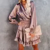 Casual Dresses Elegant Women Autumn Dress Fashion OL Satin V Neck Long Sleeve High Waist Pleated Wrap Party Ruffle Vestidos Plus Size XL