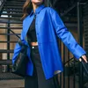 Femmes en cuir automne bleu Pu longues vestes pour femmes Streetwear ample femme vêtements Faux revers manteau haut à manches