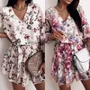 Casual Jurken Lente Vrouwen Chiffon V-hals Bloemenprint Jurk Lange Mouw Korte Vrouwelijke Boho Leisure A Line Party vestidos 2023