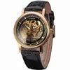 Jackensieger Watschen Frauen Mechanische Uhr Top Marke Golden Skelett Lederband Elegante Damen Handwind Armbanduhrwatch