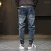 Herr jeans street mode män retro grå blå elastisk casual denim last byxor hombre skarvad designer hip hop joggar övergripande