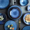 Bowls Enamel Blue Ceramic Tableware Flat Steak Cake Plate