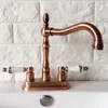 Bathroom Sink Faucets Antique Red Copper 4" Centerset Brass Kitchen Vessel Two Holes Basin Swivel Faucet Dual Handles Water Tap Arg051