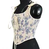 Women's Tanks French Straps Court Corset Vintage Large Orchid Print Lace Bandages Overlay Vest Tops