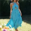 Casual Dresses Foridol Sleeveless Women Summer Backless Long Maxi Dress Sexy Halter Gingham Blue Drop Beach Robe Femme 2023