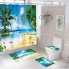 Shower Curtains 3D Seascape Beach Theme Show Culture set Toilet cover Bath Carpet Rugs Bathroom Drapes Show Curtain set with