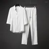 Herrspårsskjortor och byxor passar sommar ultratin is bomullslinne 2 bit set stora svettkläder kinesiska stilkläder män.