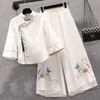 Jupes grande taille femmes Style chinois costume femme 2023 été Tang spectacle mince jambe large pantalon deux pièces ensemble