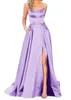 Elegant lång halter satin prom klänningar med slits a-line criss cross tillbaka svep tåg formell prom party klänning galadress vestidos kvinnor klänningar med fickor