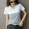 Polos femme coton revers T-shirt Polo loisirs professionnel vêtements de travail rayé coupe ajustée Patchwork demi-manche