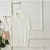 Women's T Shirts Female Polo Neck White Knitted Top With Silk Linen Floral Hollow Out Slim Fitting Short Sleeves 2023 Summer