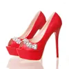 Dress Shoes Red Pink Color Platform Bride Stiletto Heel Bridesmaid White Peep Toe High Heels Crystal Wedding Party