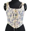 Women's Tanks French Straps Court Corset Vintage Large Orchid Print Lace Bandages Overlay Vest Tops