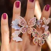 Wedding Rings Delicate Butterfly Rings For Women Girl Luxury Charm Gold Color Pink Rainbow Cz Paved Open Adjusted Fashion Wedding Jewelry Gift 230717