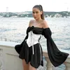 Casual Dresses Fairy Pink Chiffon Corset Mini Dress Women French Style Long Puff Sleeve Boho Sundress Ladies Slash Neck Elegant Beach