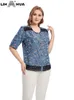 Kvinnors plus-storlek t-shirt lih hua kvinnors plus size denim skjorta bomull vävt tryck skjorta knapp kort hylsa besättning hals casual topp 230715