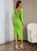Casual Dresses Sexy V Neck Diamond Button Cut Out Bandage Dress Women Green Long Sleeve Hollow Midi Bodycon Evening Party