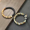 Charm Bracelets Noter 2Pcs/Set Men Bracelet Handmade Weaven Adjustable Cord Chain Braslet 8mm Natural Lava Tiger Eyes Stone Braclet Homme